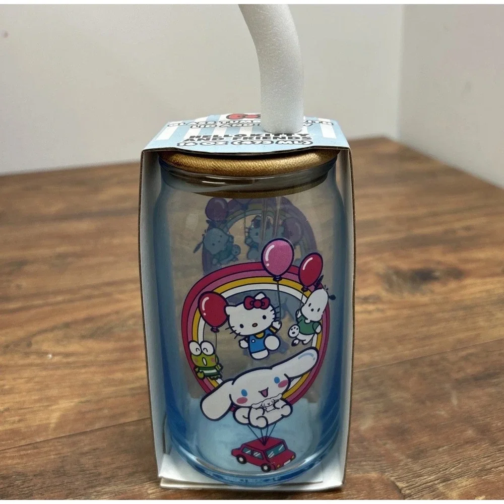 Sanrio Hello Kitty & Friends Glass Tumbler Lid‎ Straw Blue Glass Bamboo Lid 2024